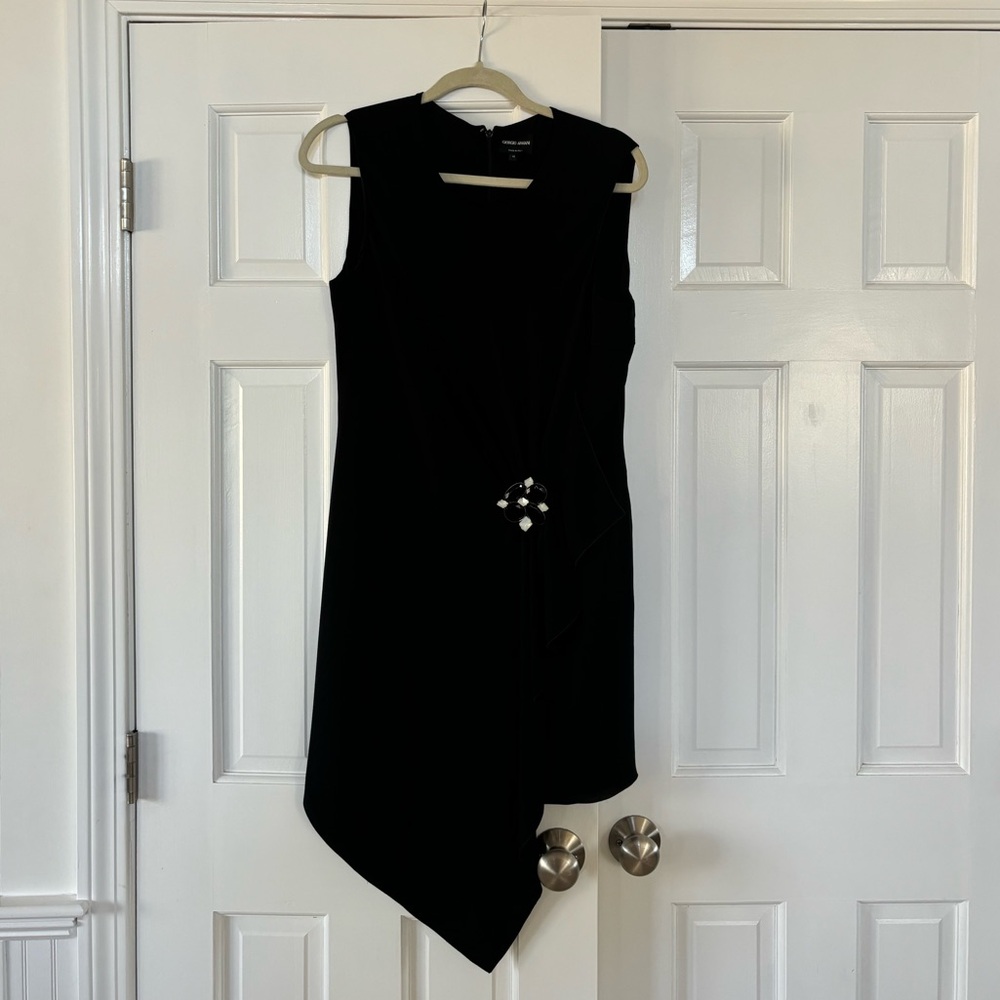 Beautiful Giorgio Armani cocktail dress with asymmetrical draping and brooch